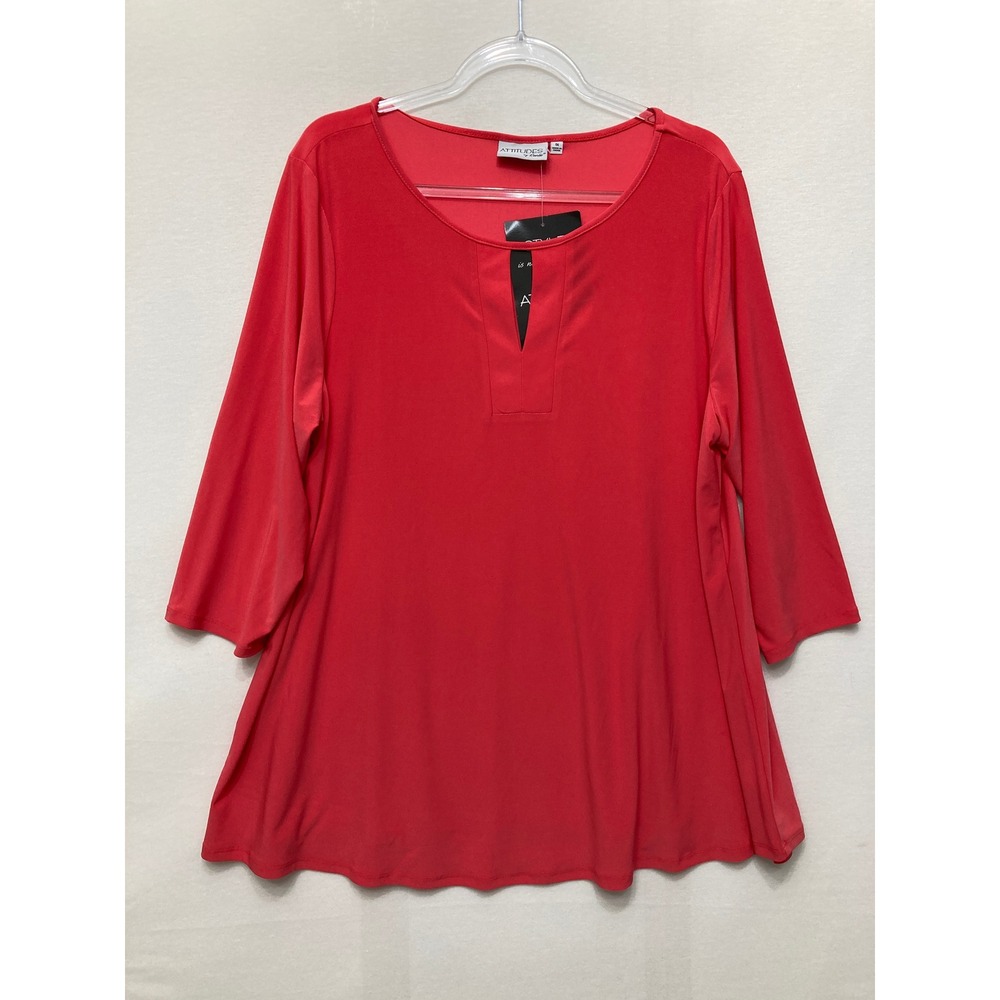 New Attitudes by Renee Top 1X Red Keyhole 3/4 Sleeve Stretch Knit A-Line Blouse